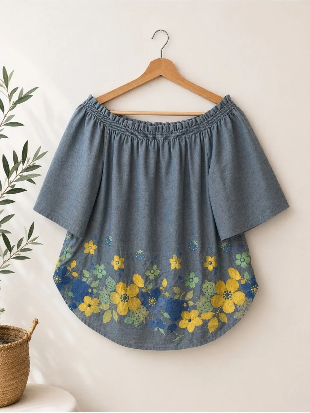 NWT Elmas Phil Floral Embroidered Chambray Top Off The Shoulder Cottagecore S